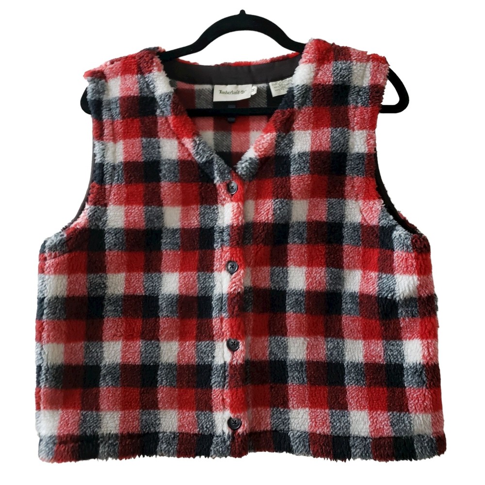 Timberland Vintage Red & Black Buffalo Check Holiday Vest, Teddy Bear Fleece, M